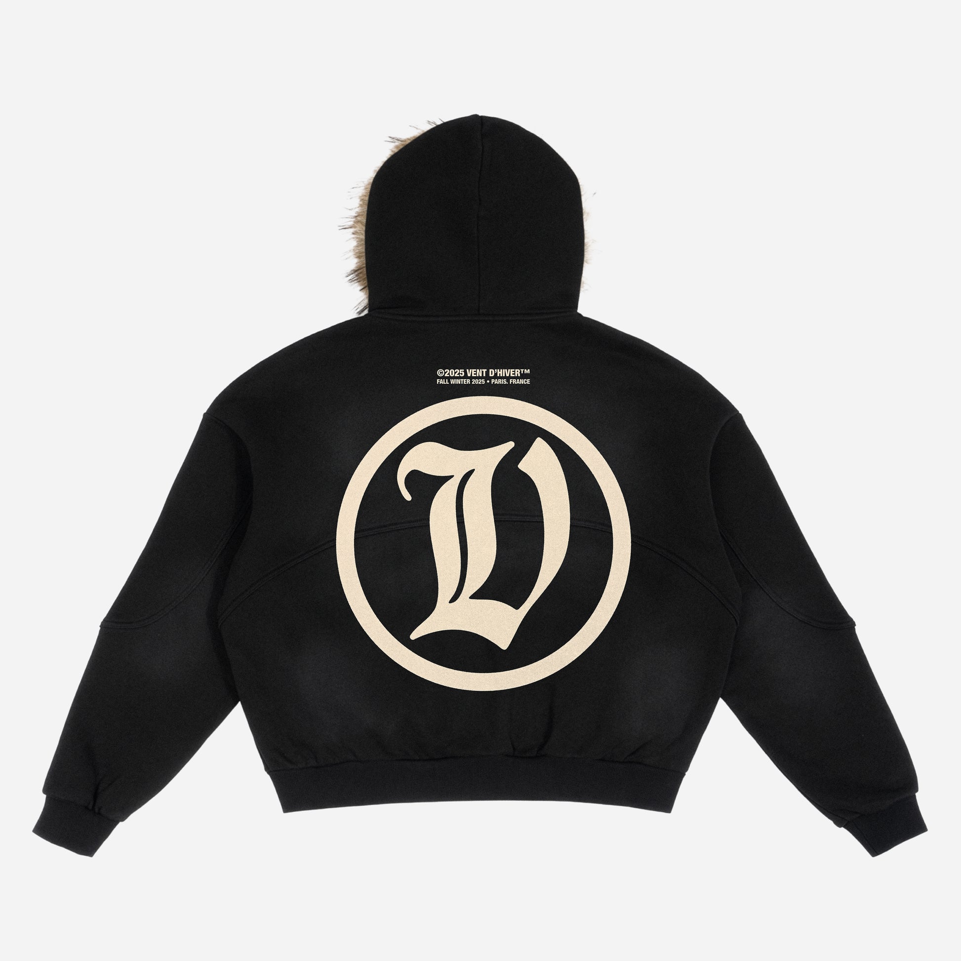 Black hoodie with a large beige 'L' logo on the back against a white background