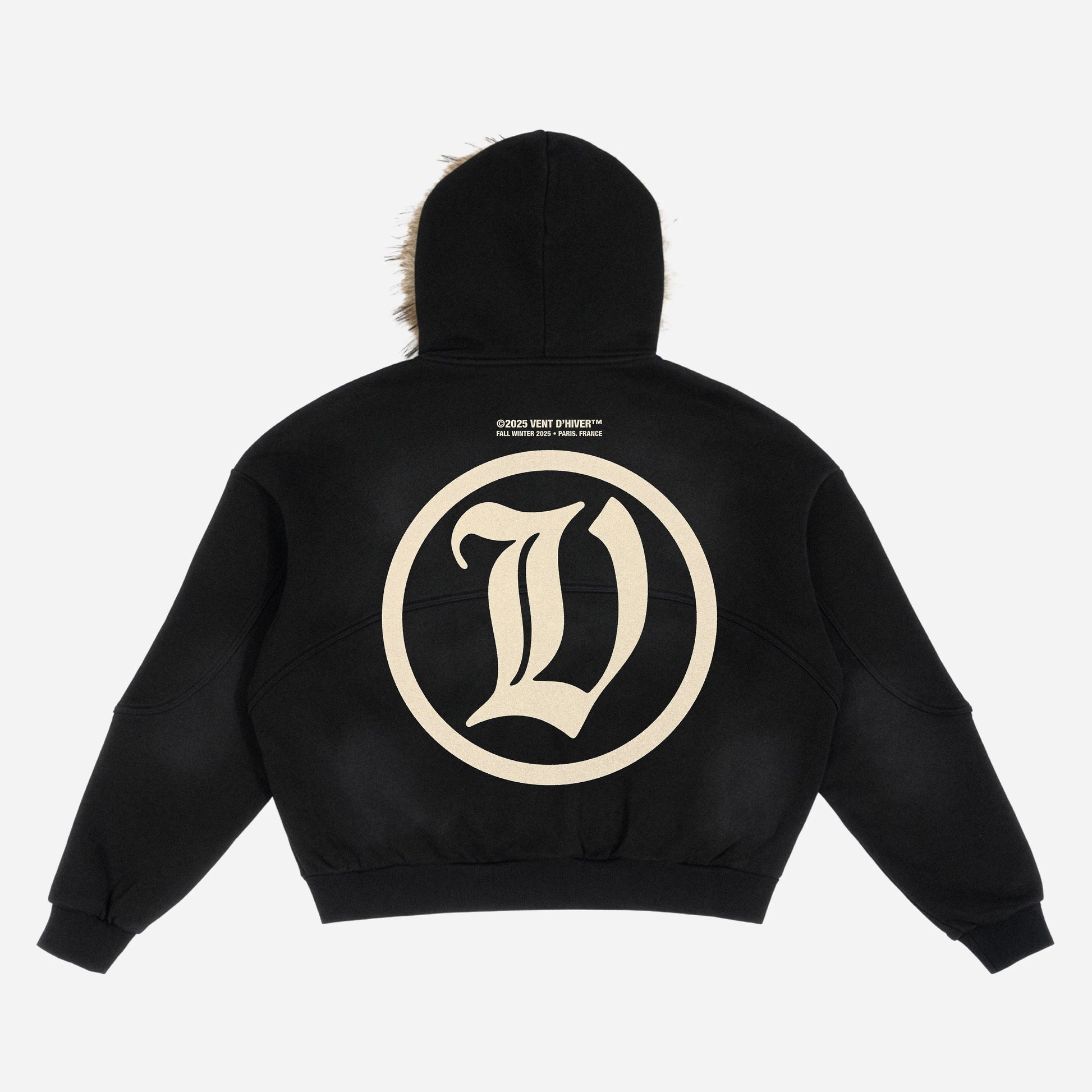 Black hoodie with a large beige 'L' logo on the back against a white background