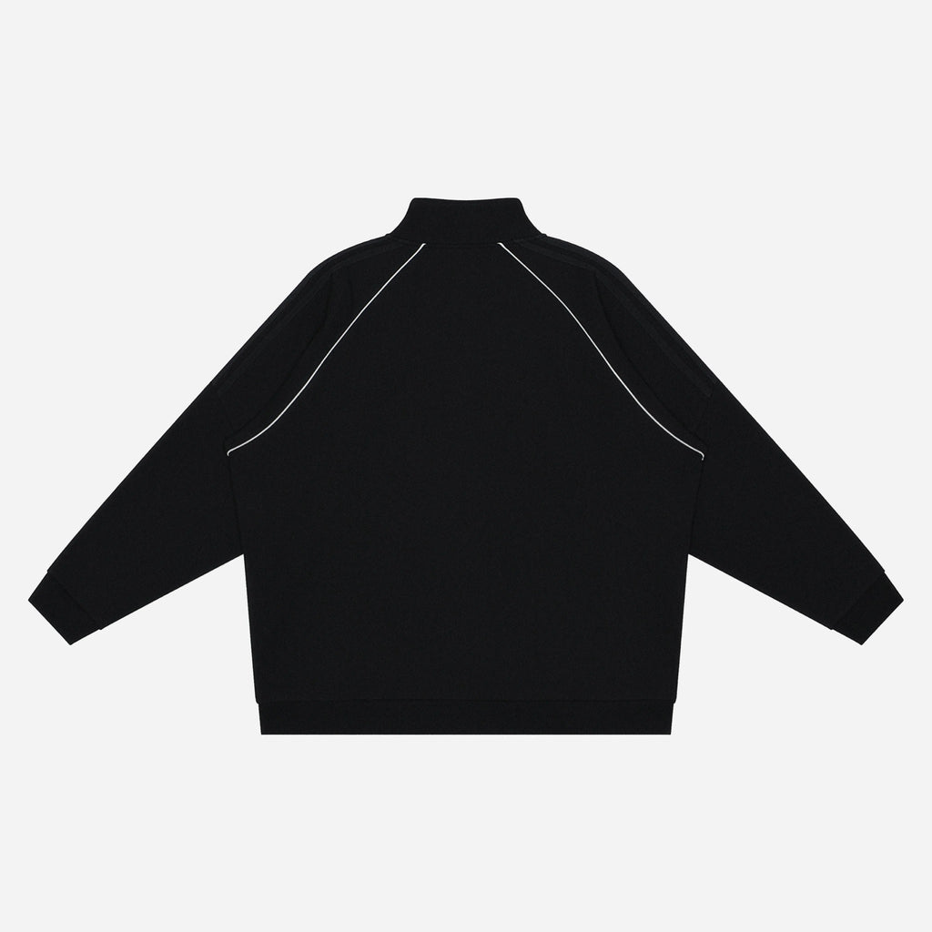Black jacket with white piping on a white background