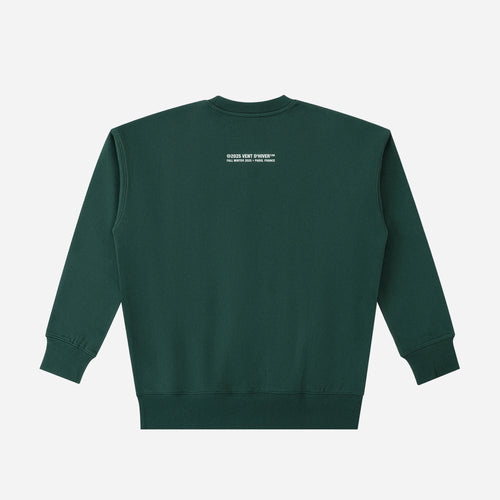 Green sweatshirt with a logo on the back against a white background