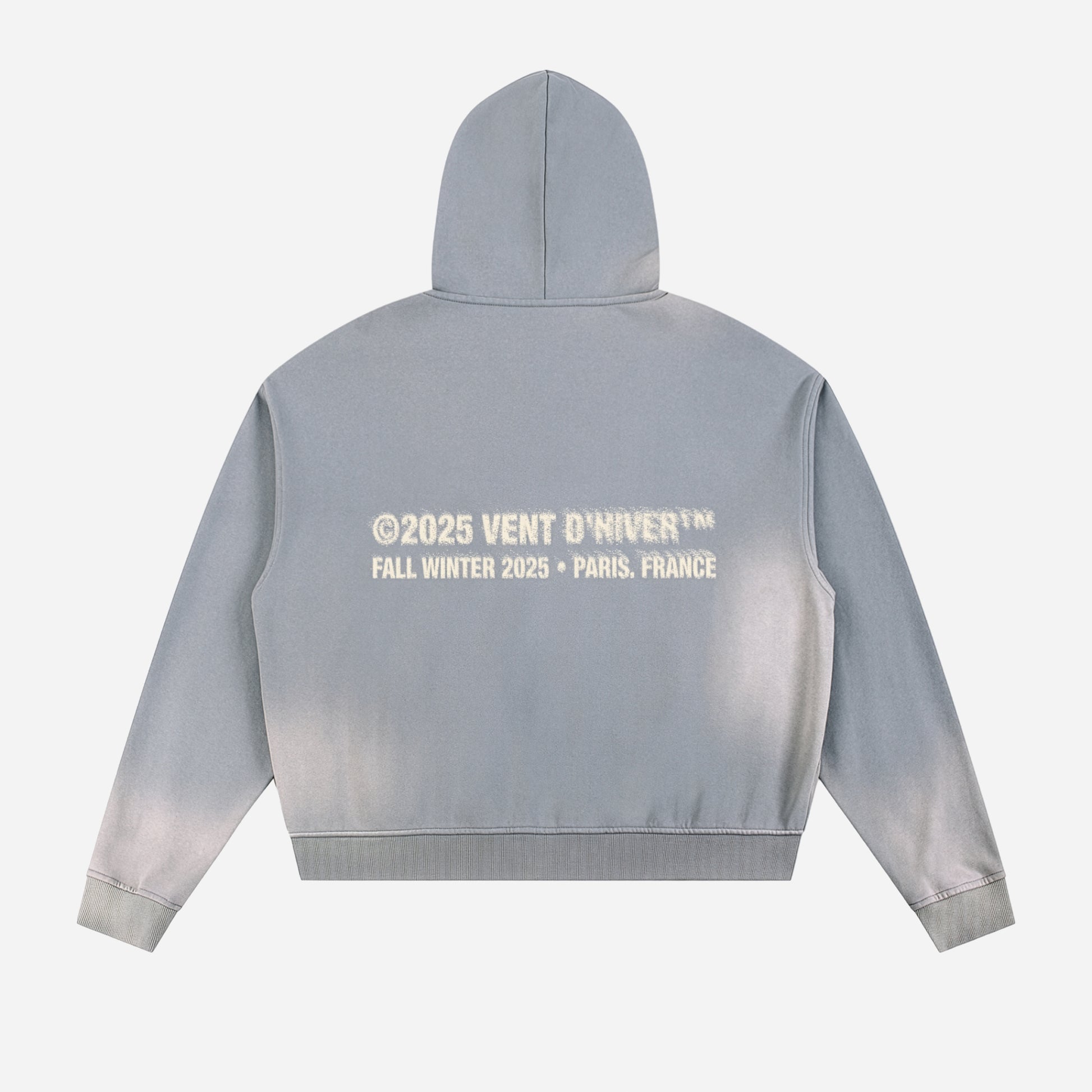 Gray hoodie with brand logo on the back against a white background