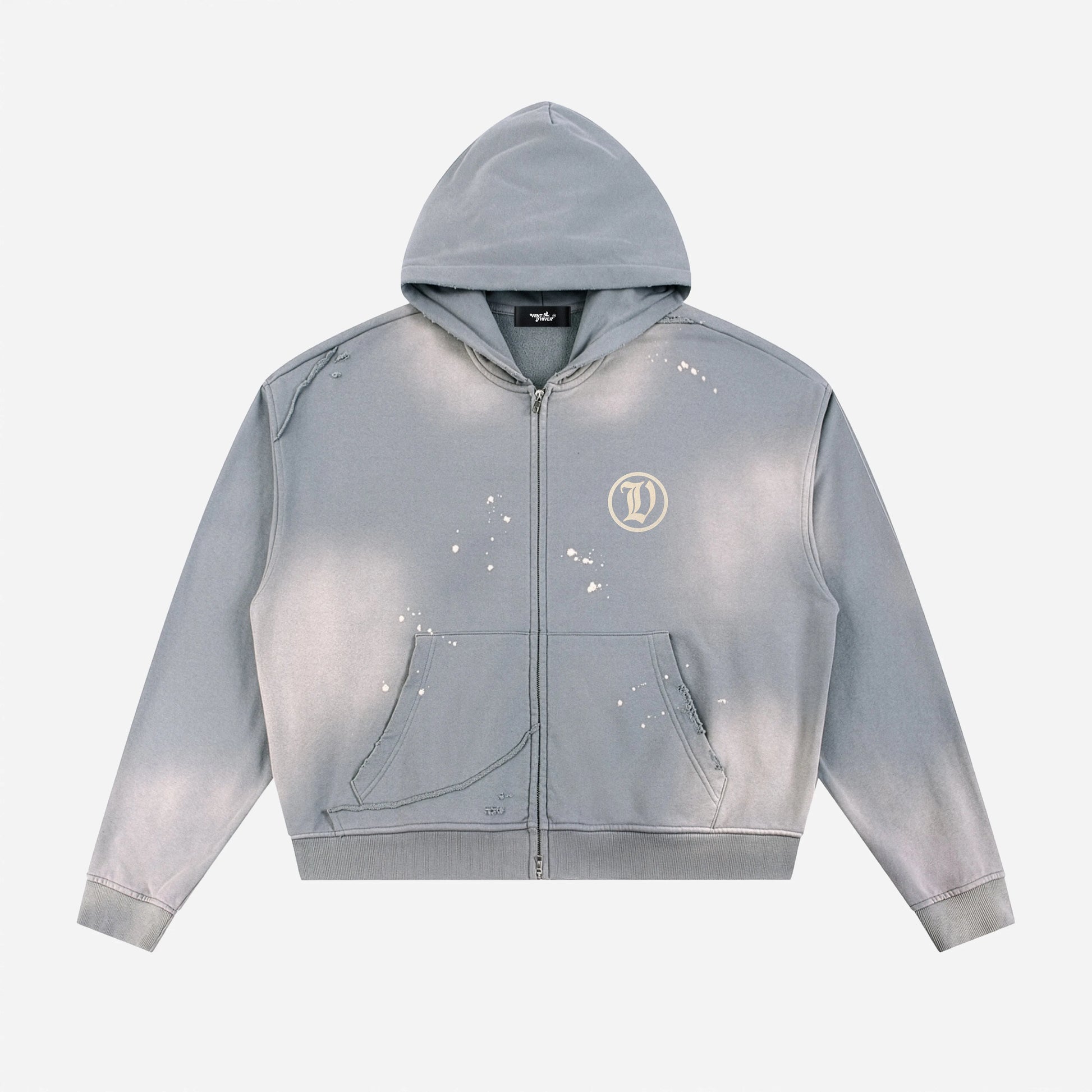 Gray hoodie with a logo on a white background