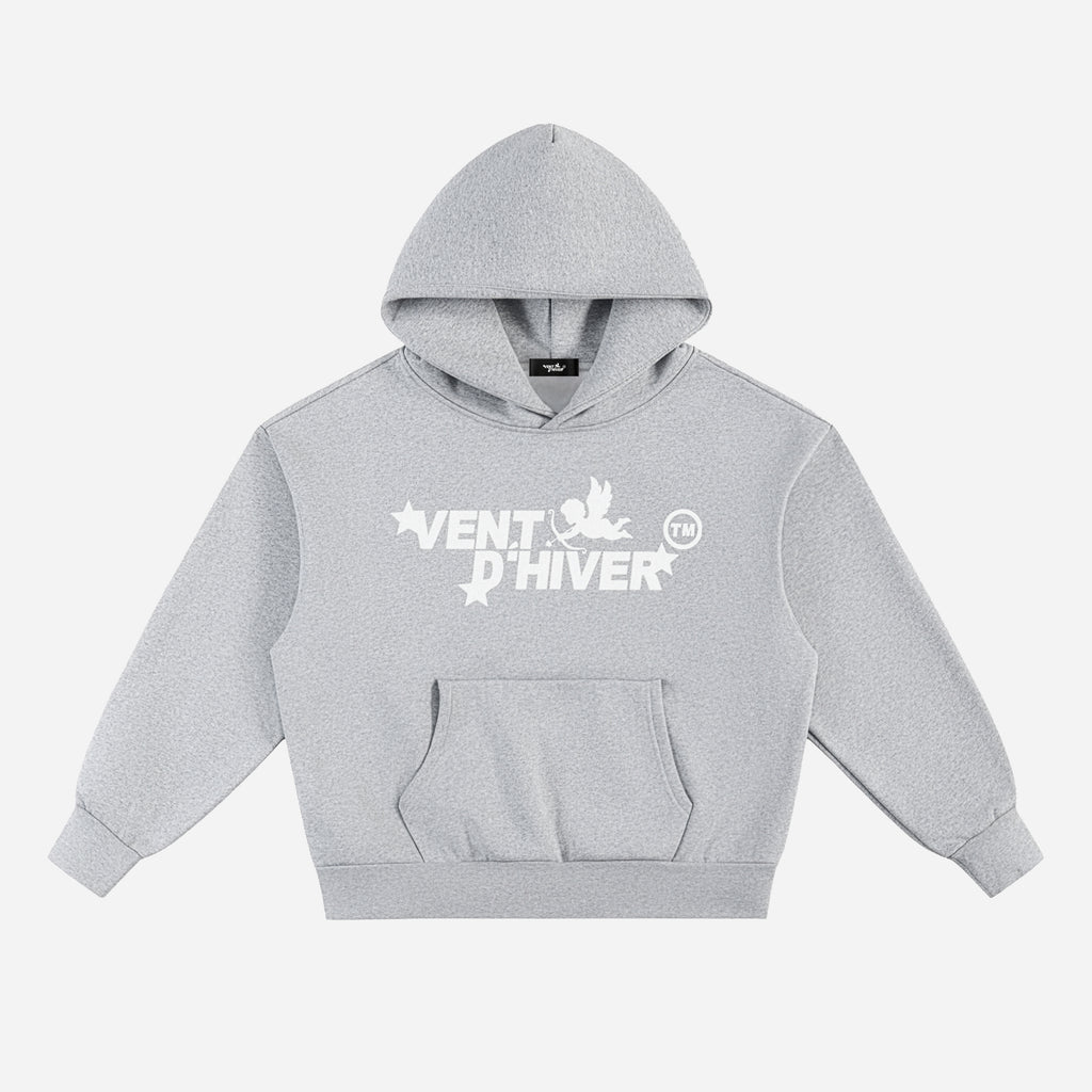 Gray hoodie with a white logo on a white background