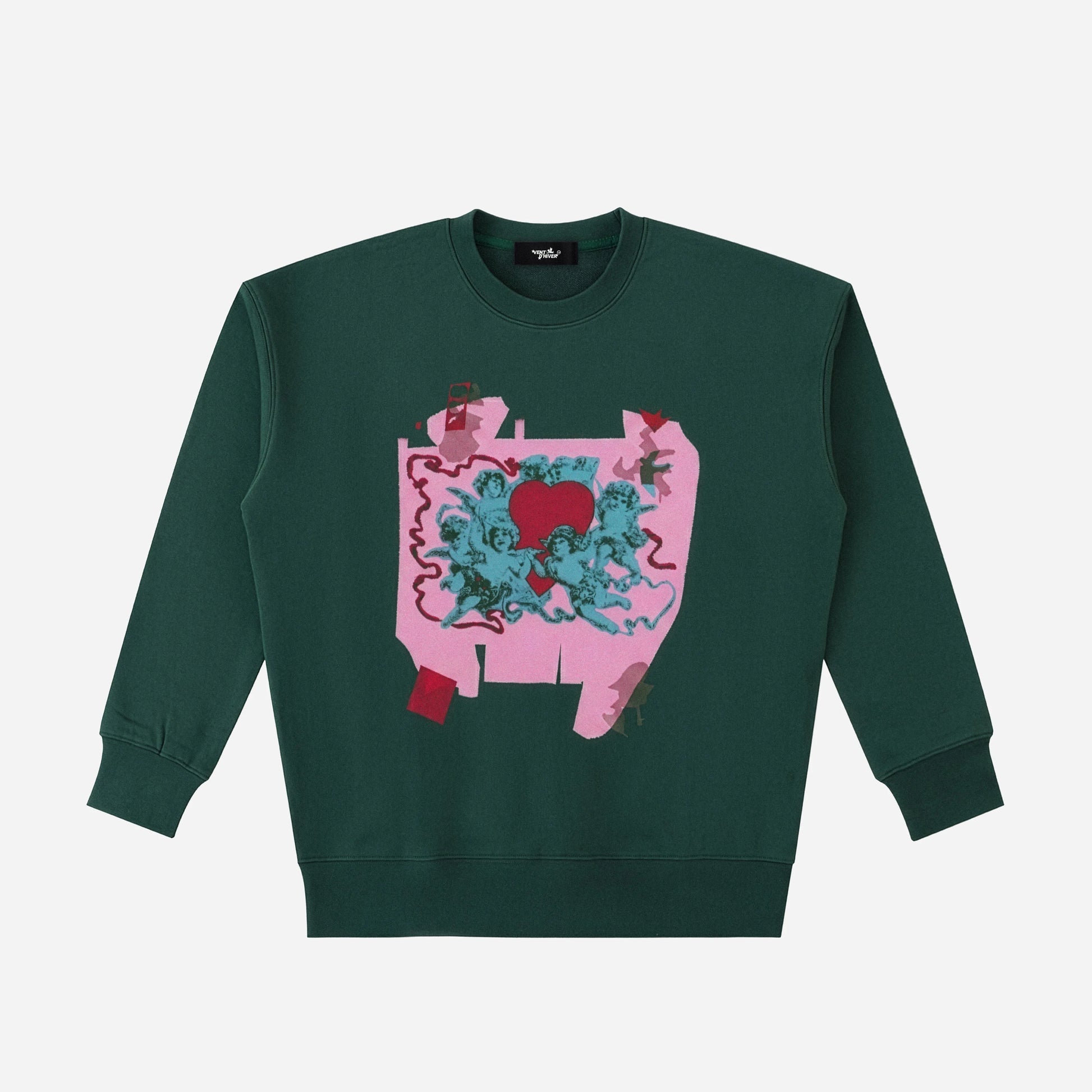 Green sweatshirt with a colorful graphic design on a white background