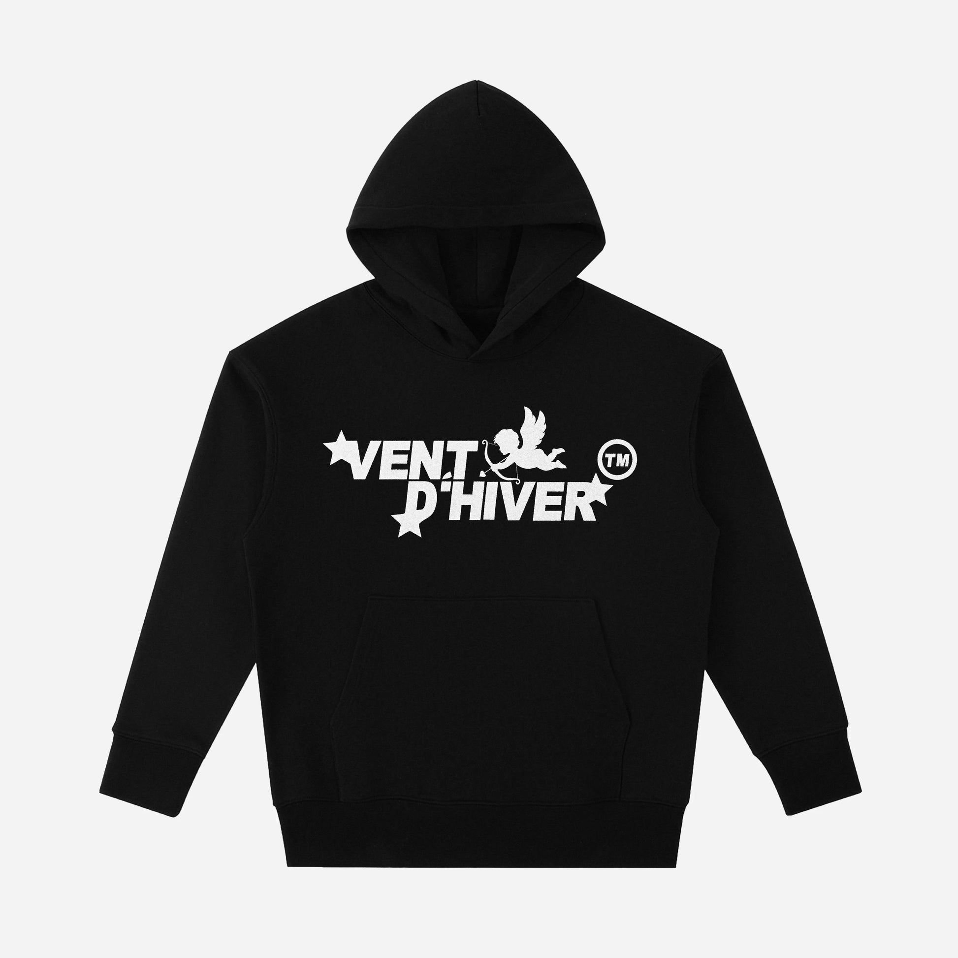 Black hoodie with 'Vent D'Hiver' logo on a white background