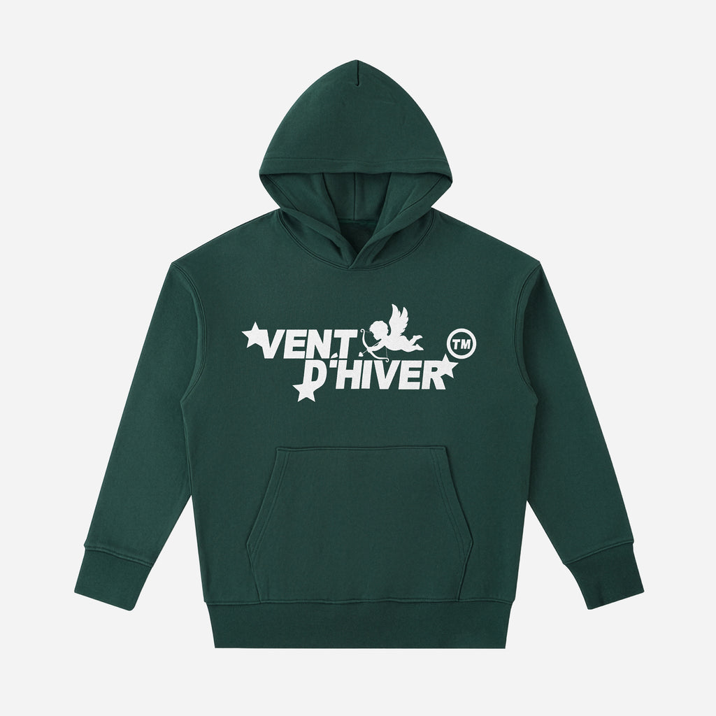 Green hoodie with 'Vent D'Hiver' logo on a white background