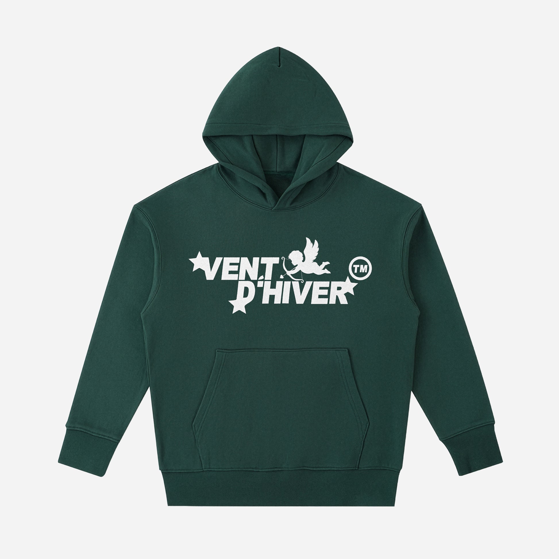 Green hoodie with 'Vent D'Hiver' logo on a white background