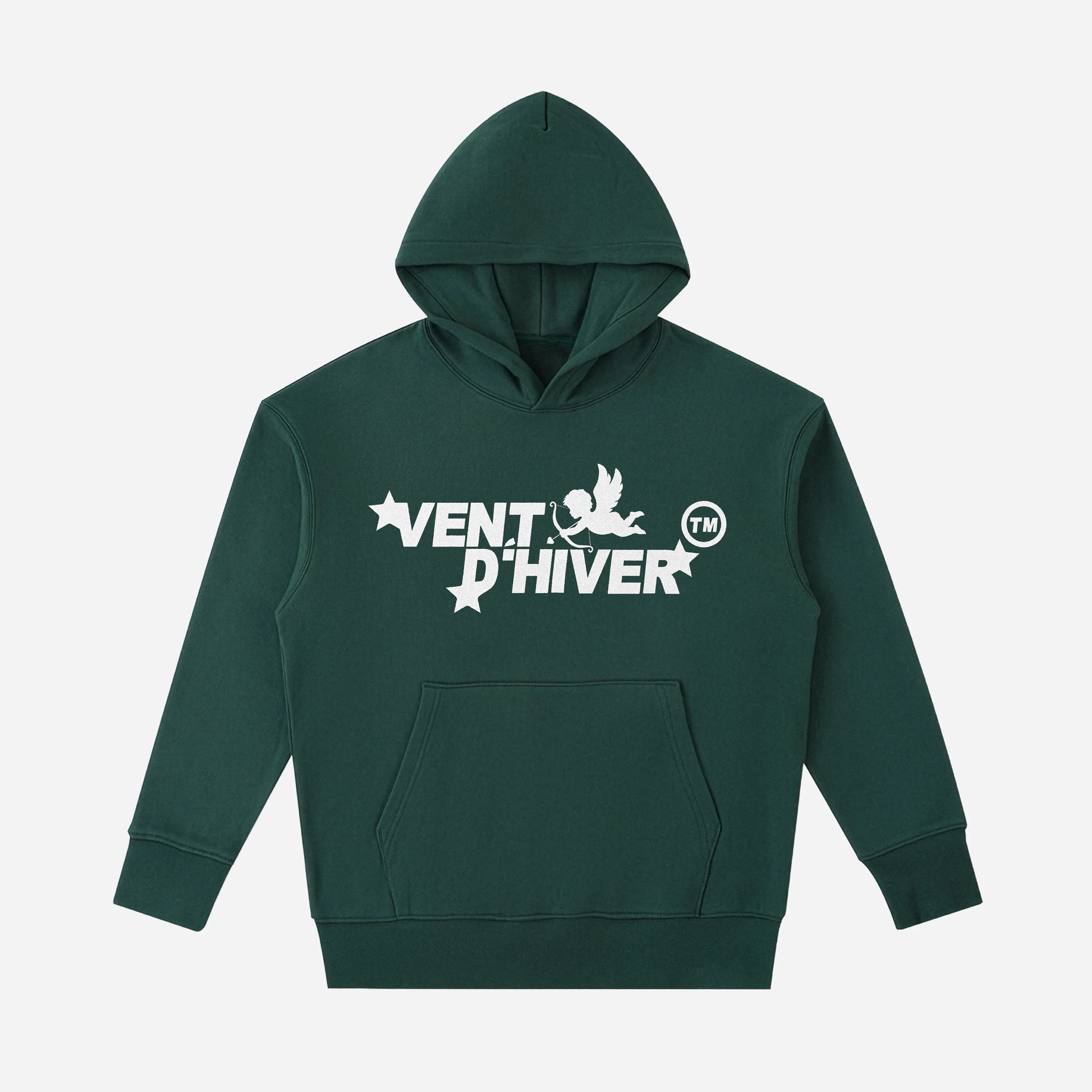 Green hoodie with 'Vent D'Hiver' logo on a white background