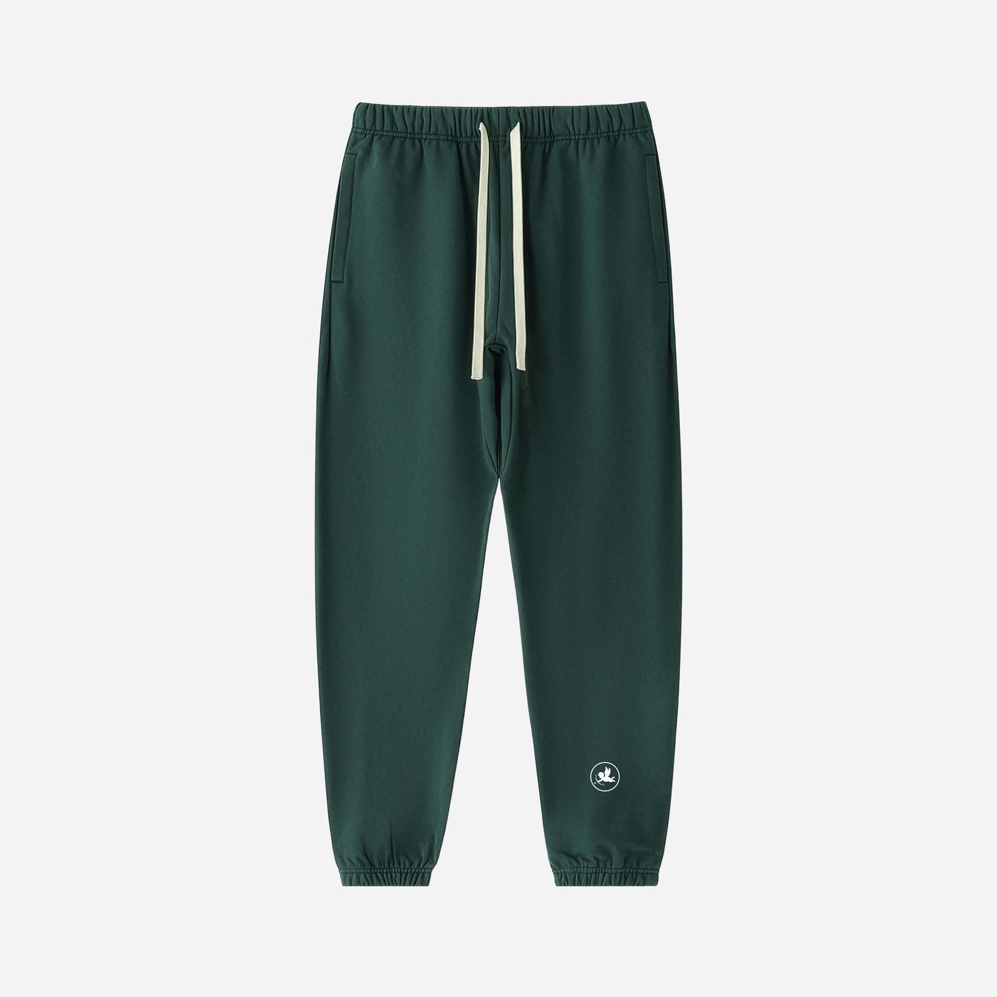 Green jogger pants with a small logo on a light gray background