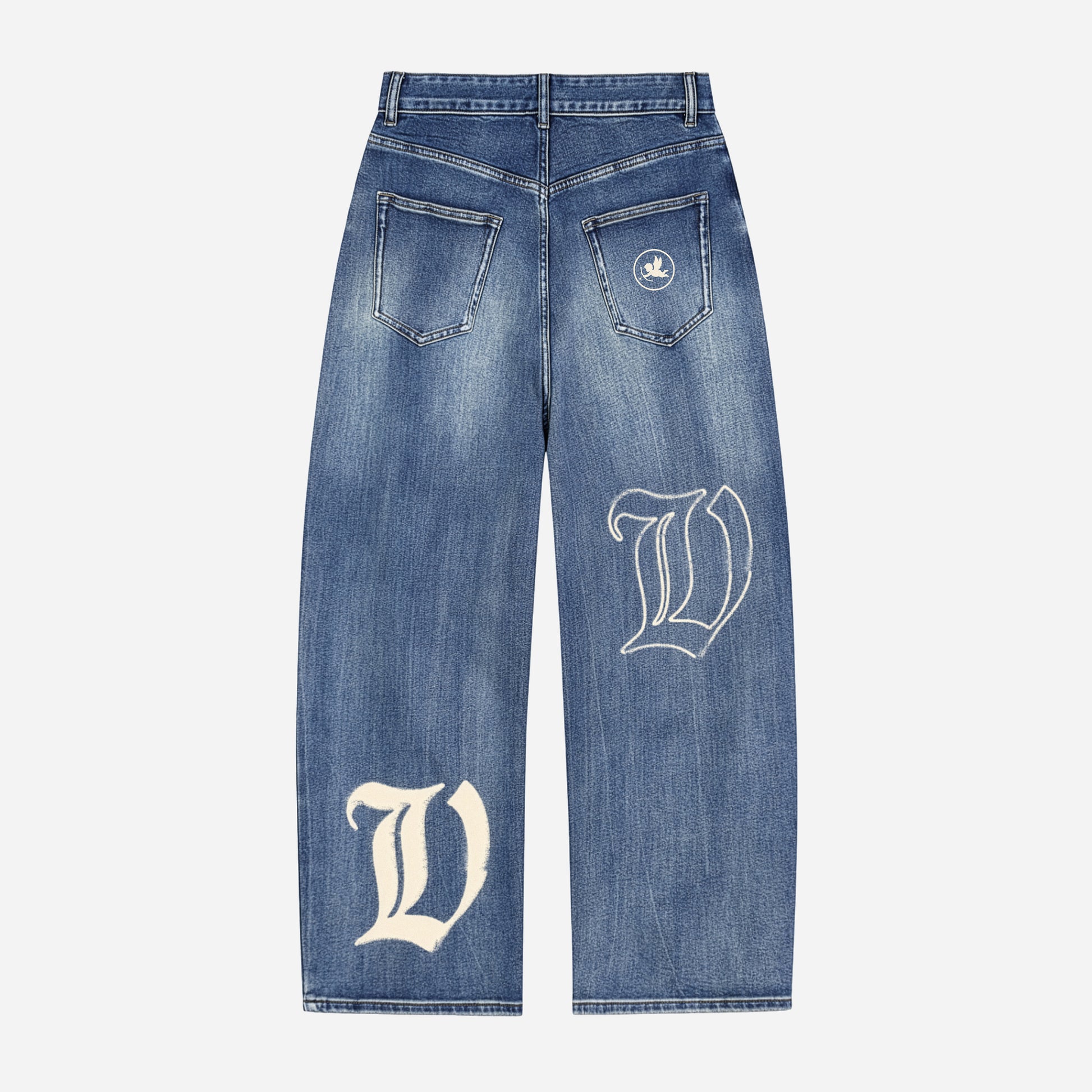 Blue jeans with white letter 'V' design on a light gray background