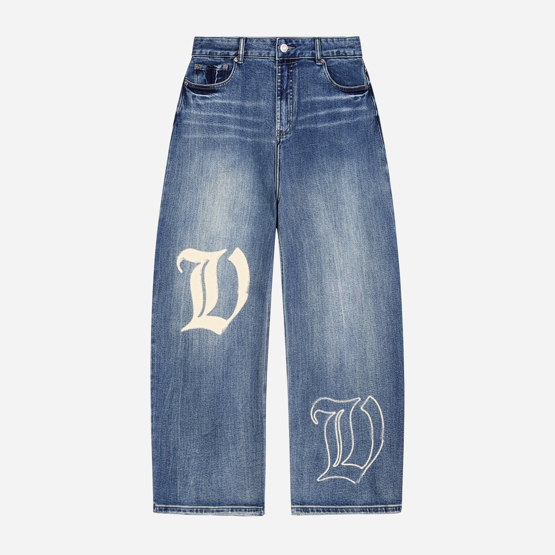 Blue jeans with white letter 'V' design on a light gray background