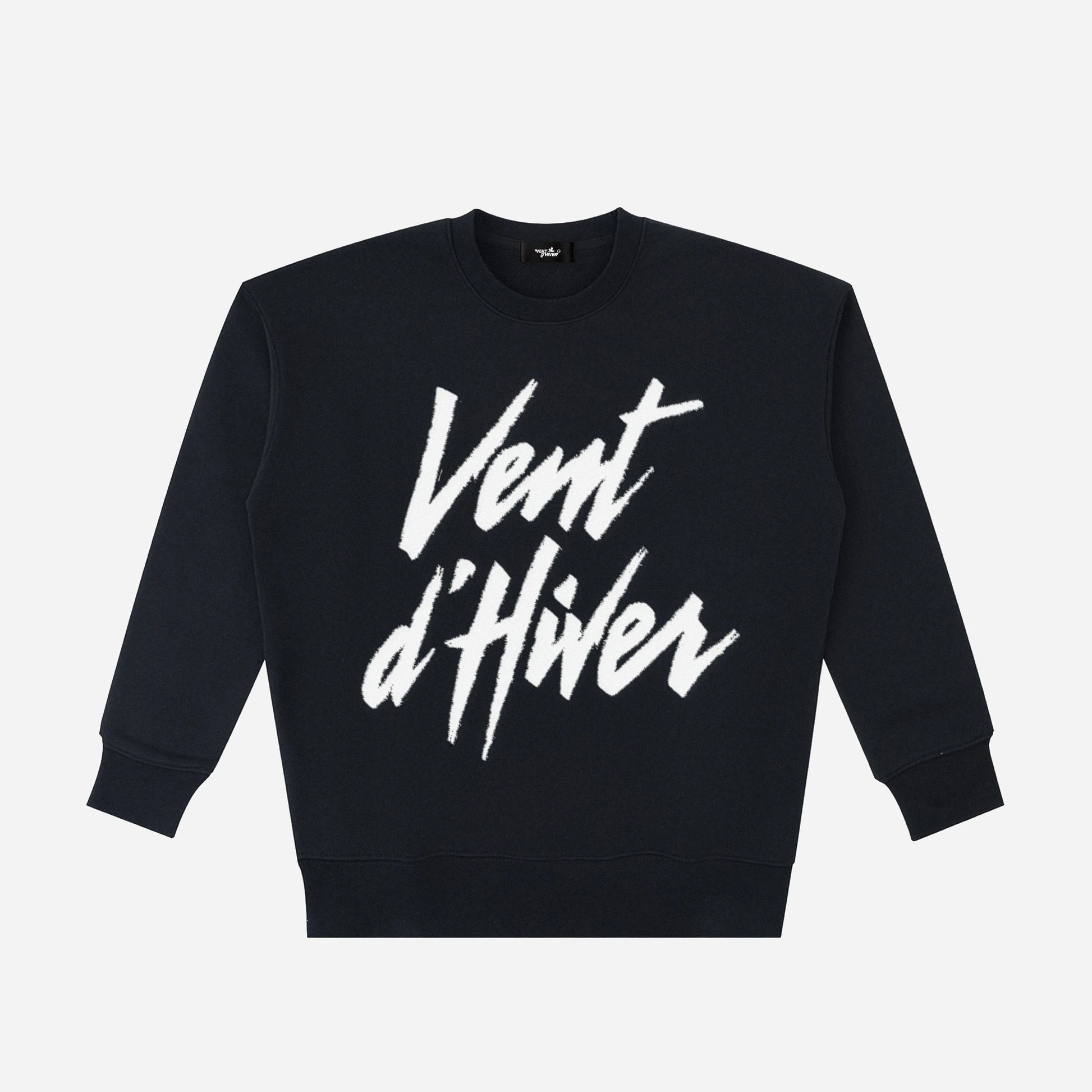 Black sweatshirt with white text 'Vent d'Hiver' on a light gray background