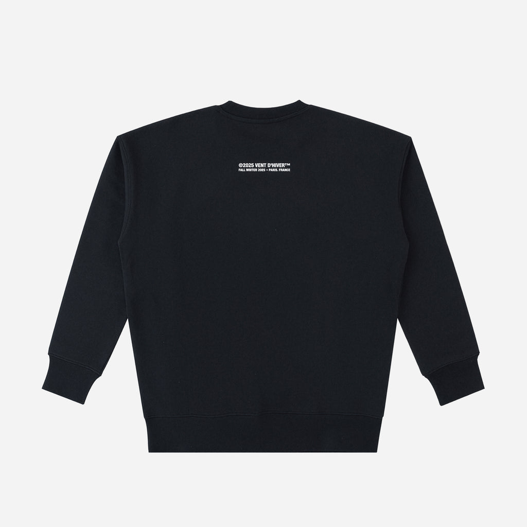 Black sweatshirt with a small white logo on the chest against a light gray background