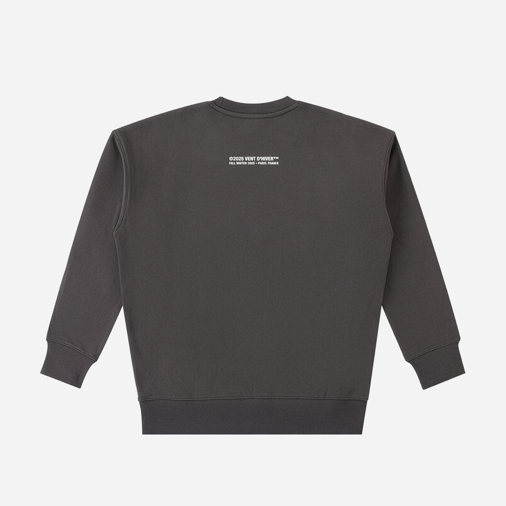Dark gray sweatshirt with a small white logo on the back against a light gray background