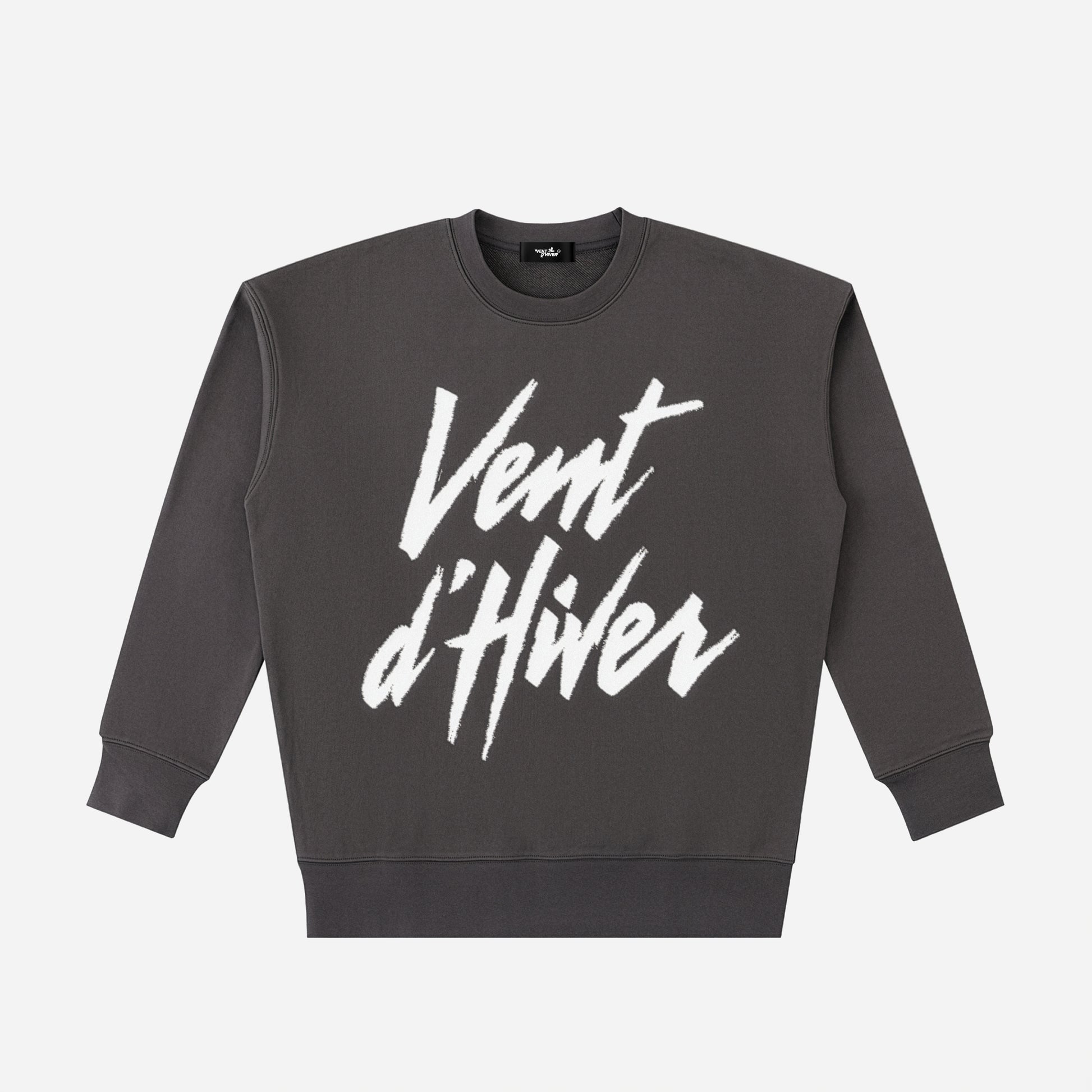 Dark gray sweatshirt with white text 'Vent d'Hiver' on a light gray background