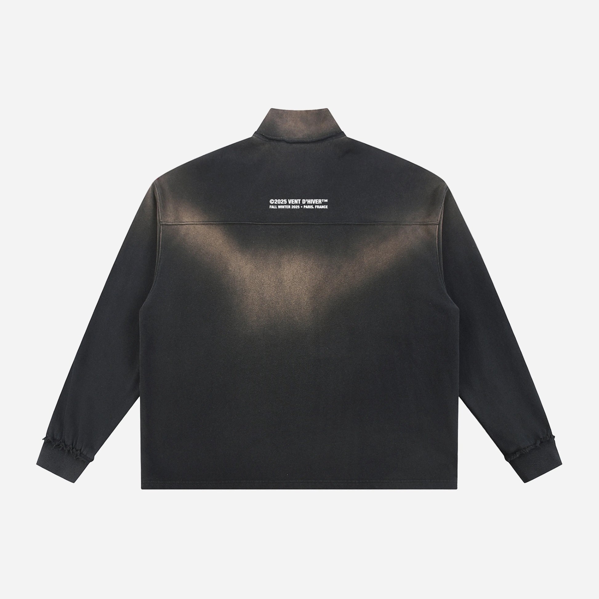 Black quarter-zip with a logo on the back against a white background