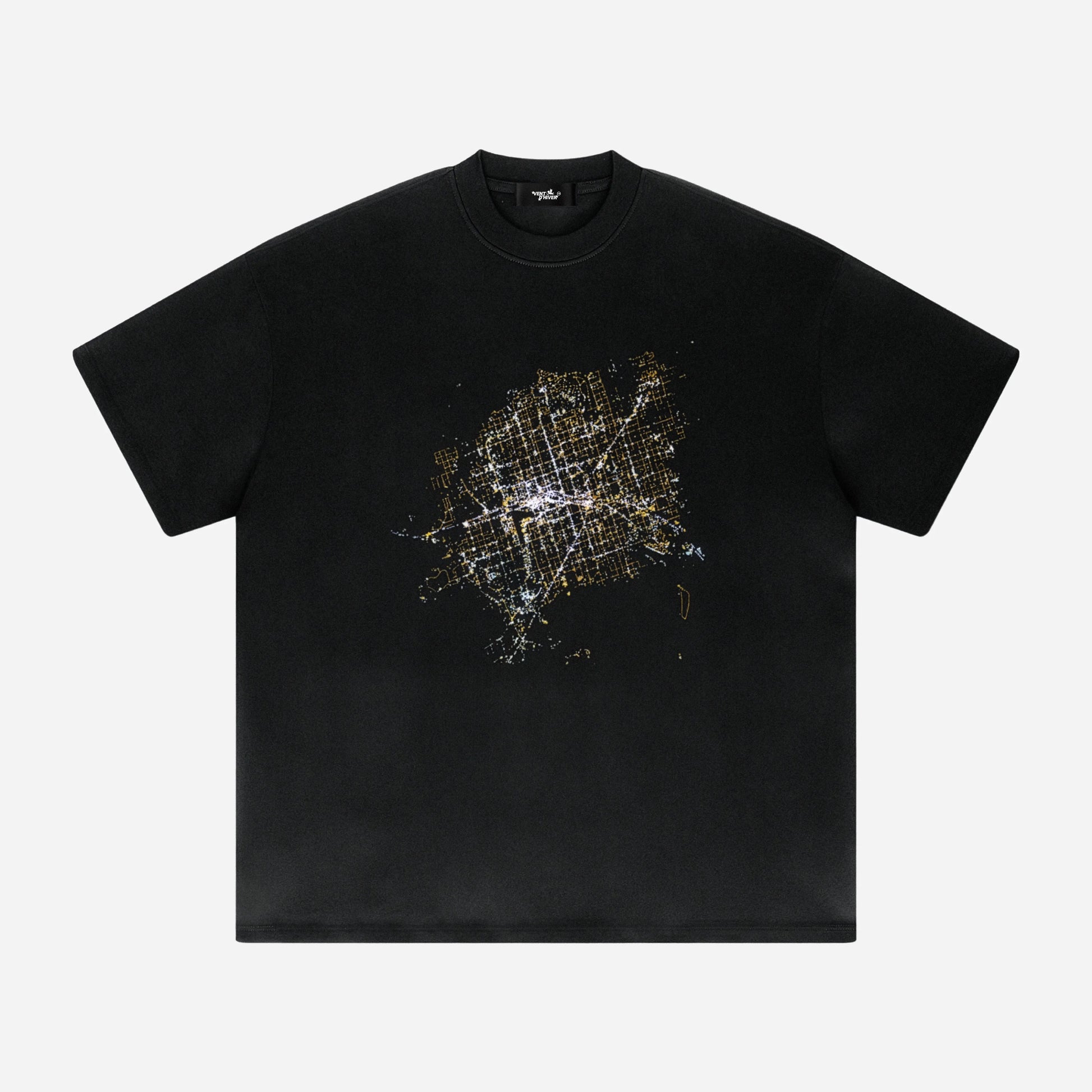 Black t-shirt with a city map design on a white background