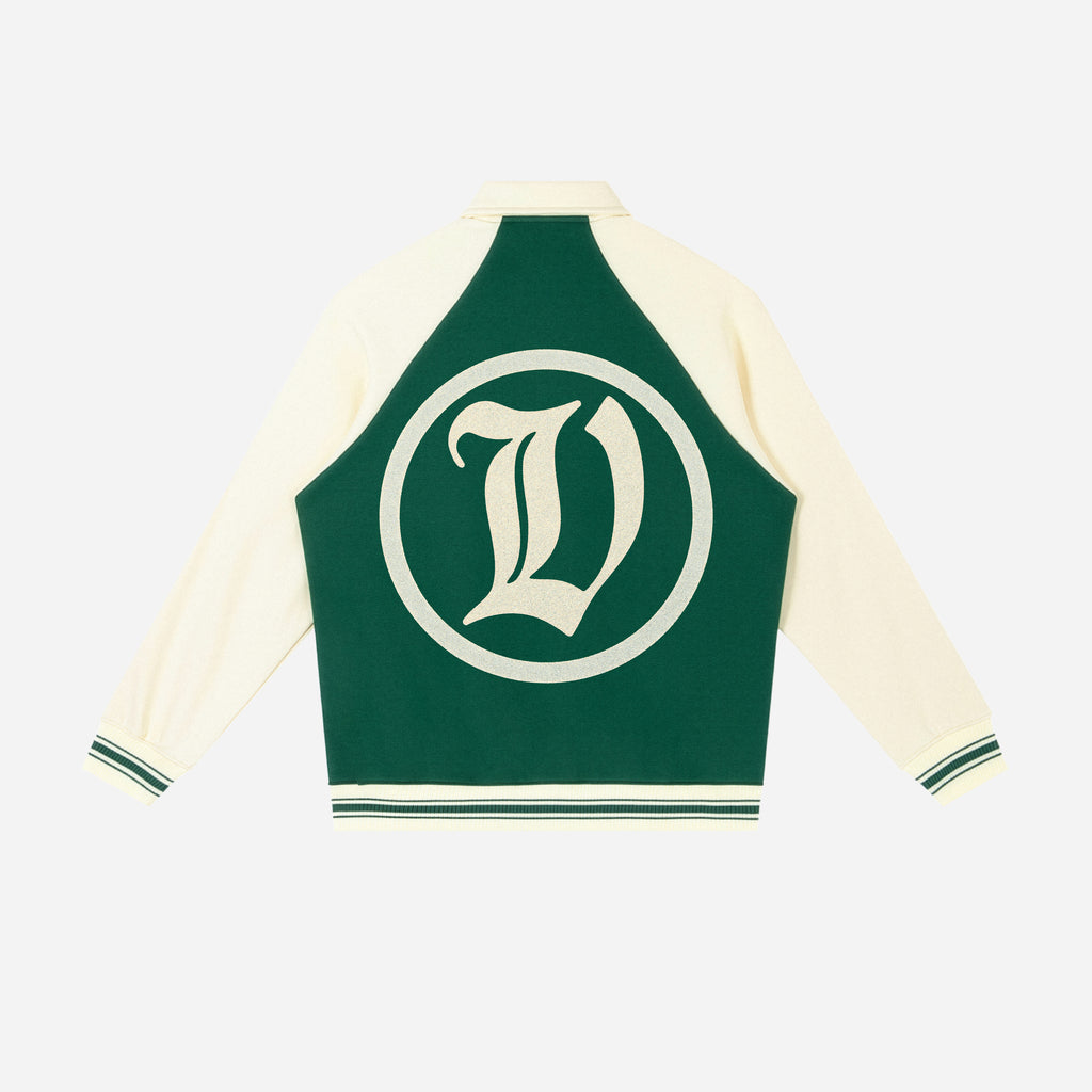 Green and cream varsity jacket with a logo on a white background
