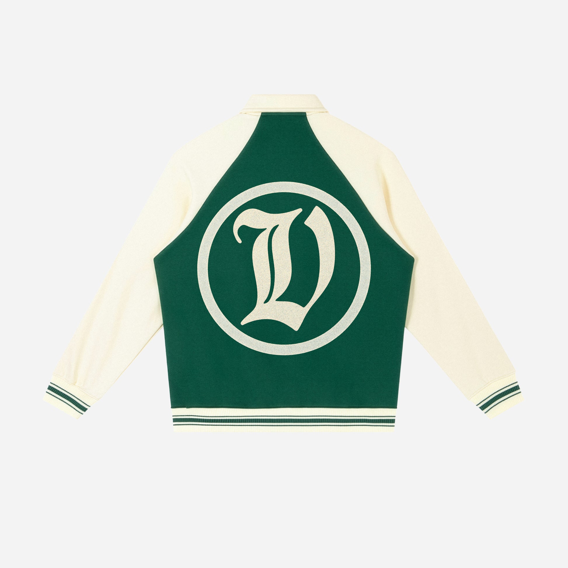 Green and cream varsity jacket with a logo on a white background