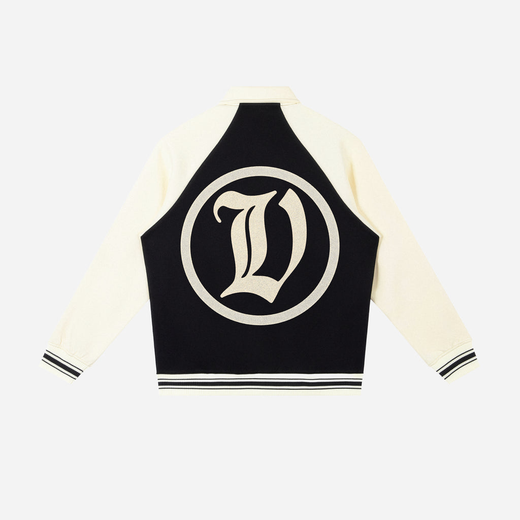 Black and white varsity jacket with a logo on a white background