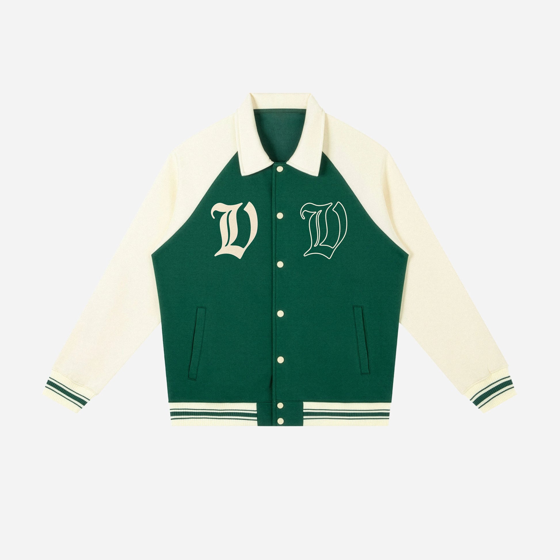 Green and cream varsity jacket with letter 'V' on a white background