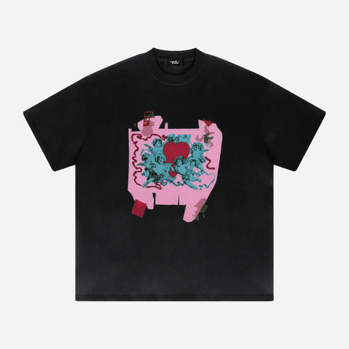 Black t-shirt with a colorful graphic design on a white background